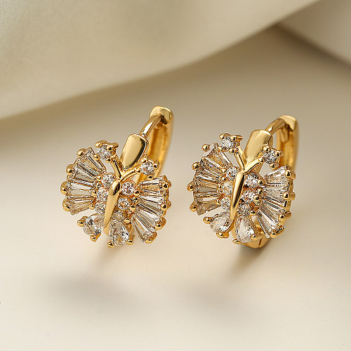 1 Pair Simple Style Commute Swan Butterfly Plating Inlay Copper Zircon 18K Gold Plated Hoop Earrings