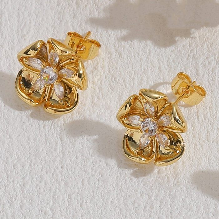 1 Pair Elegant Luxurious Classic Style Geometric Heart Shape Inlay Copper Pearl Zircon 14K Gold Plated Earrings