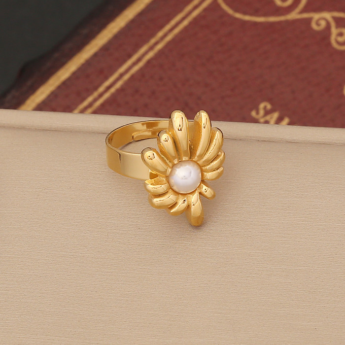 Senhora estilo simples estilo clássico flor chapeamento de aço inoxidável incrustação anéis de pérola colar brincos