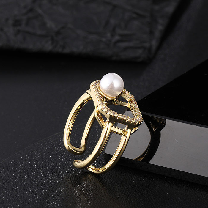 1 Piece Fashion Heart Shape Copper Inlay Artificial Pearls Zircon Open Ring