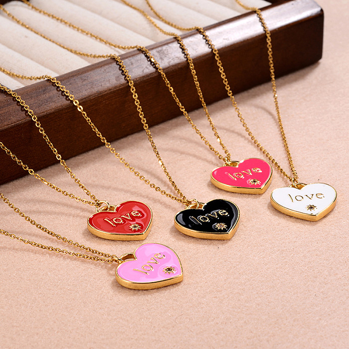 IG Style Cute Sweet Love Copper Enamel Plating Inlay Zircon 18K Gold Plated Pendant Necklace