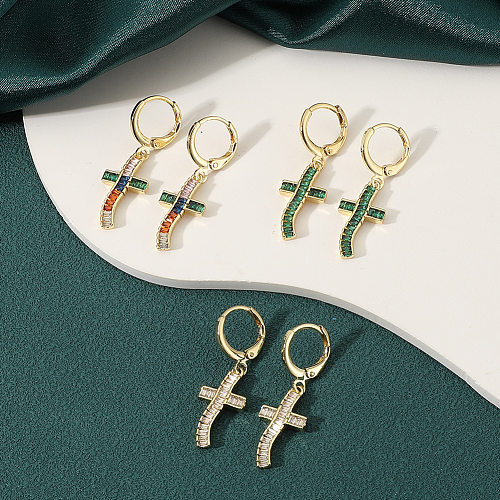 1 Pair Simple Style Cross Inlay Copper Zircon Drop Earrings