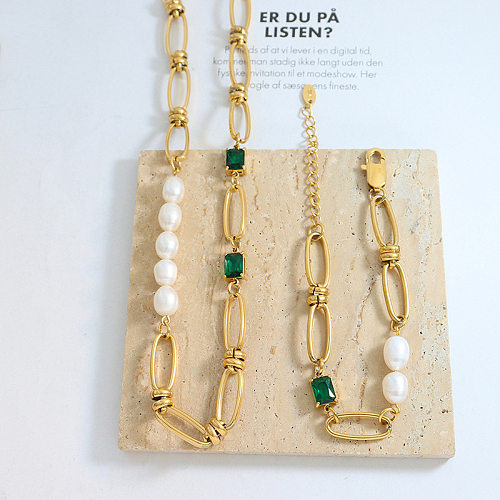 Elegante quadratische Perlen-Titan-Stahl-Inlay-Zirkon-Armband-Halskette