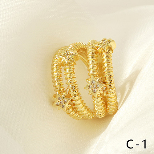 IG Style Hip-Hop Streetwear Cross Copper Layered Plating Inlay Zircon 18K Gold Plated Open Rings