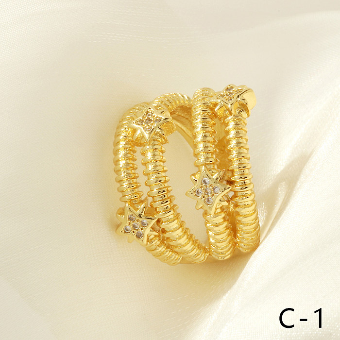 Ig estilo hip-hop streetwear cruz cobre em camadas chapeamento incrustado zircão 18k anéis abertos banhados a ouro