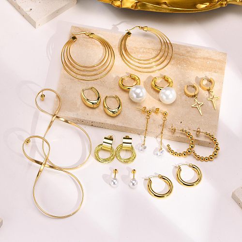 Boucles d'oreilles rondes en acier inoxydable et cuivre, Style INS Style moderne, incrustation de perles artificielles plaquées or 1 carats, 18 paire