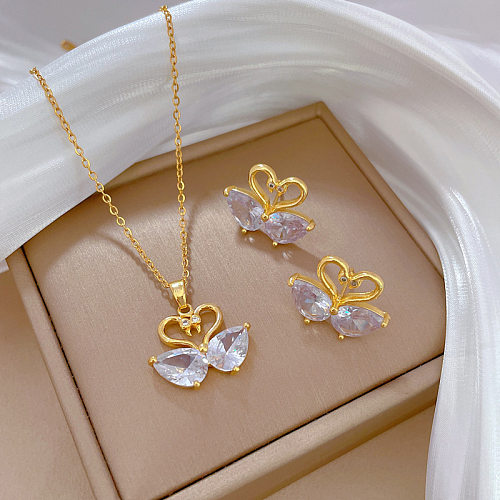Elegante Tierohrring-Halskette aus Titanstahl mit Kupferbeschichtung und Inlay mit künstlichem Diamant