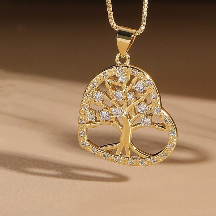 Elegant Retro Portrait Tree Heart Shape Copper Plating Inlay Zircon 14K Gold Plated Pendant Necklace