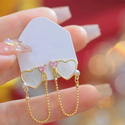 1 Pair Cute Sweet Heart Shape Heart Copper Zircon 14K Gold Plated Earrings