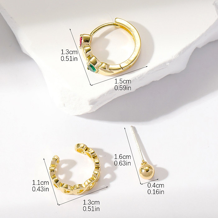 3 Pieces Sweet Streetwear Heart Shape Plating Inlay Copper Zircon Gold Plated Ear Cuffs Ear Studs