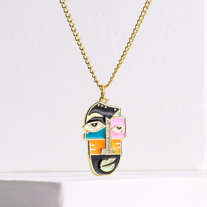 INS Style Commute Human Face Copper Enamel Plating Inlay Zircon 18K Gold Plated Pendant Necklace