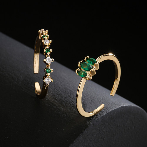 Fashion Simple 18K Gold Plated Micro Inlaid Green Zircon Geometric Open Adjustable Ring