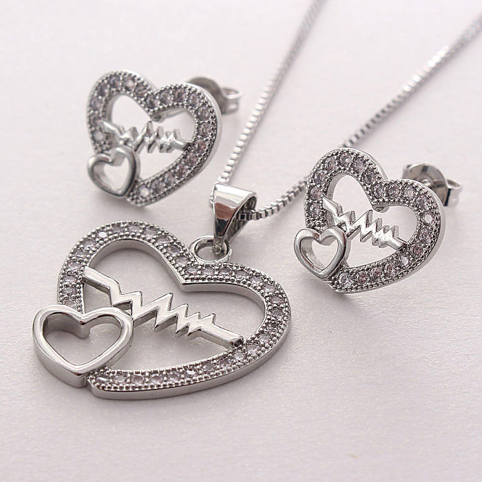 Simple Style Heart Shape Copper Plating Inlay Zircon Gold Plated Jewelry Set