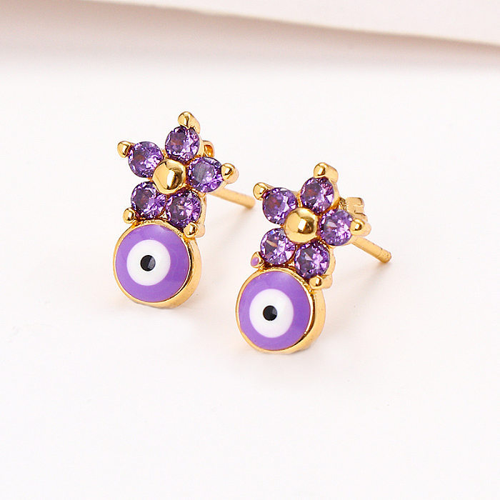 1 Pair Cute Flower Enamel Plating Inlay Copper Zircon 18K Gold Plated Ear Studs