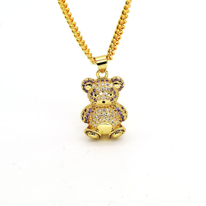 Simple Style Bear Copper Inlay Rhinestones Pendant Necklace