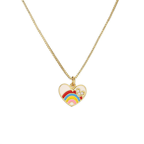 Vintage Style Rainbow Heart Shape Copper Enamel Inlay Zircon Pendant Necklace