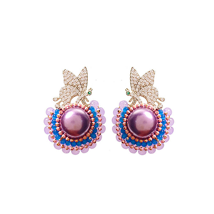 1 Pair IG Style Flower Butterfly Beaded Plating Inlay Copper Crystal Zircon Ear Studs