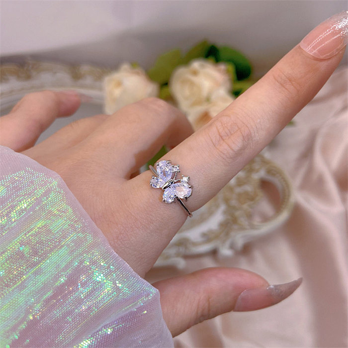 Simple Style Bow Knot Copper Plating Inlay Zircon Open Rings