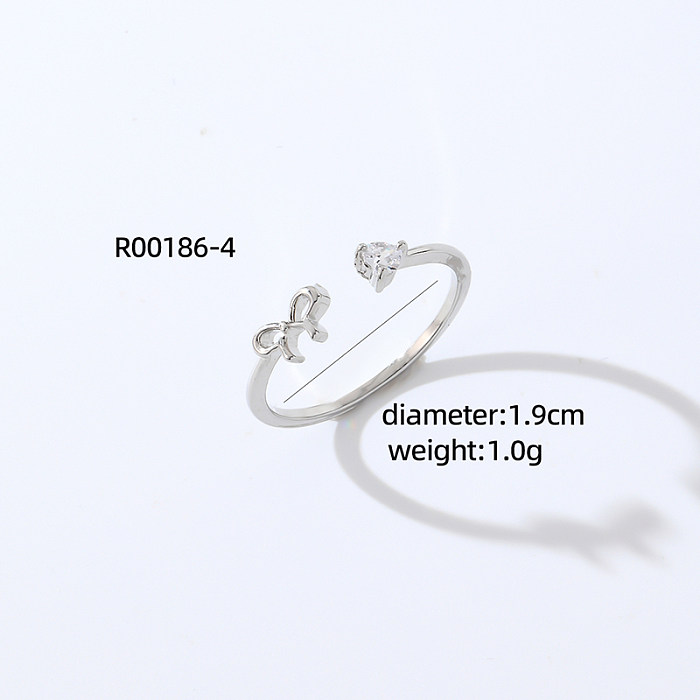 Estilo simples casual formato de coração flor chapeamento de cobre incrustação zircão anéis abertos banhados a ouro branco