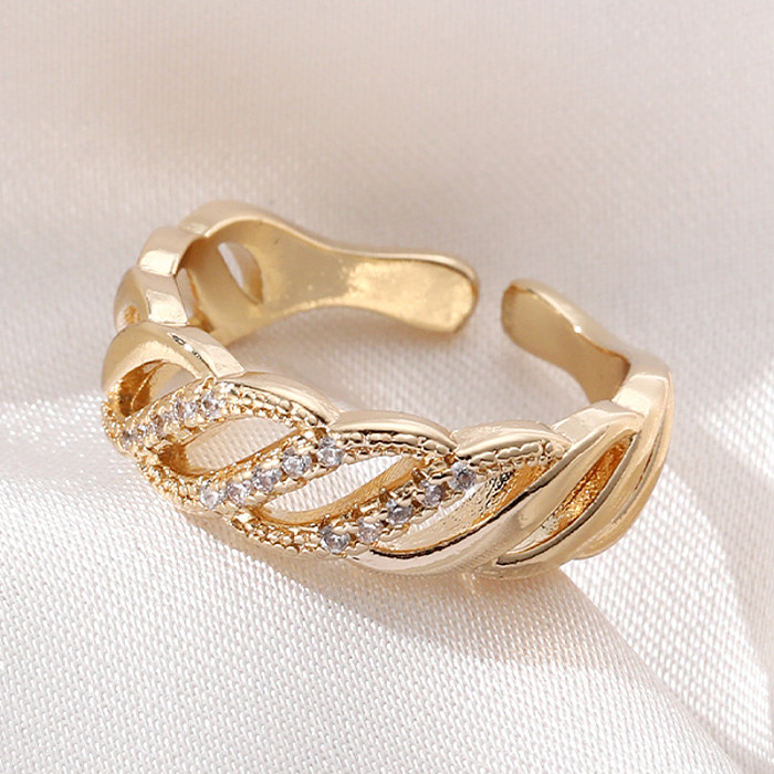 Anéis abertos elegantes de zircão com incrustações de cobre geométrico feminino