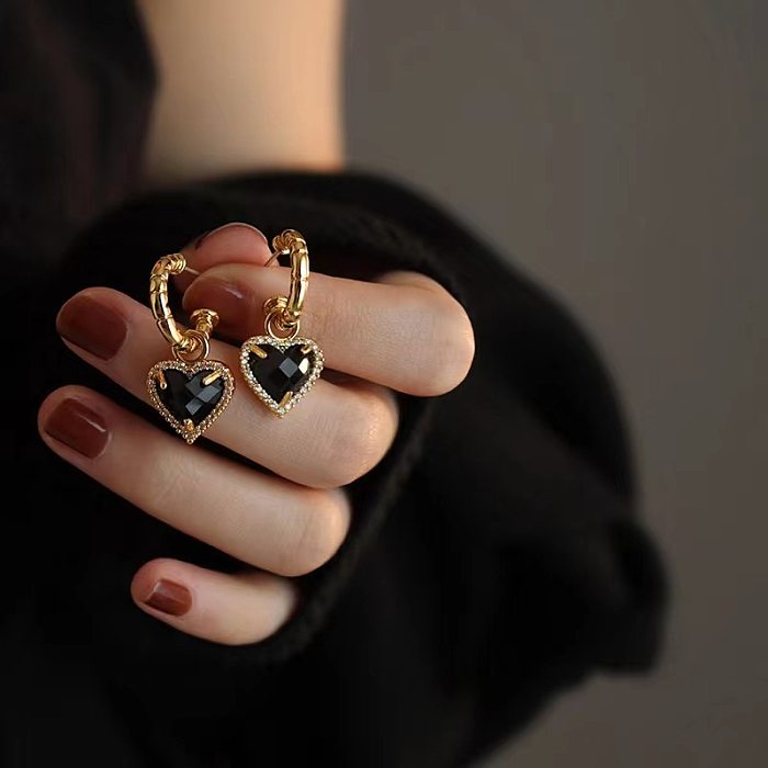 Fashion Heart Shape Copper Drop Earrings Plating Inlay Artificial Gemstones Copper Earrings