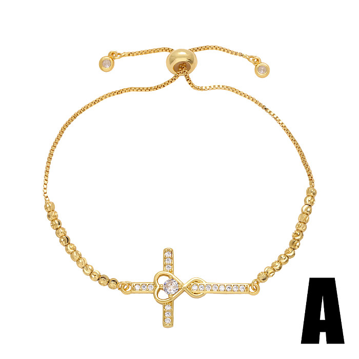 1 Piece Retro Cross Heart Shape Copper Plating Inlay Zircon Bracelets