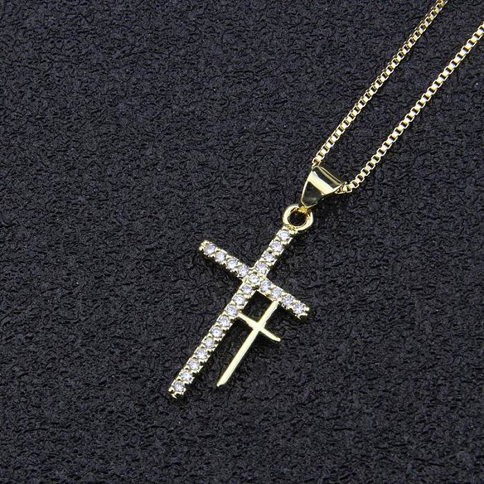 Vente chaude Double Croix Pendentif Mode Nouveau Cuivre Plaqué Blanc Zircon Collier Religieux