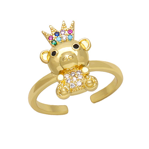 Moda fofa estilo simples urso chapeamento de cobre incrustado zircão anéis abertos banhados a ouro 18K