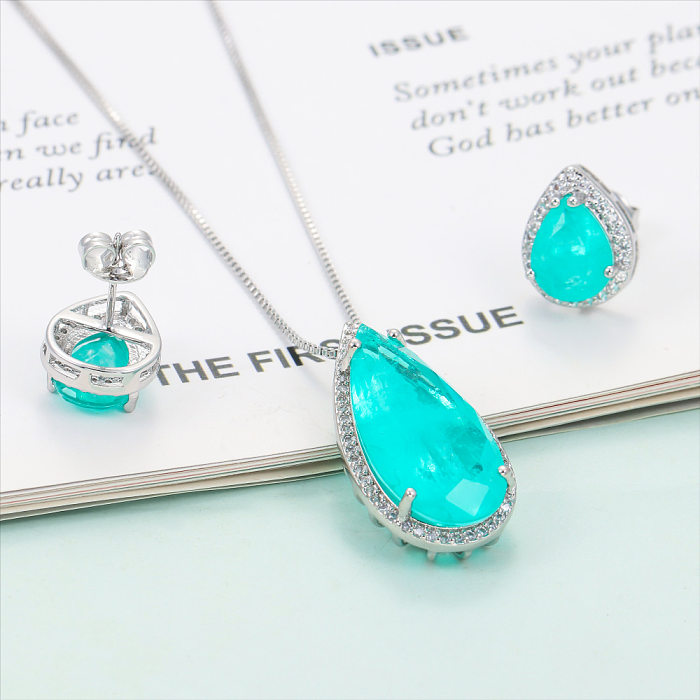 Glam Luxurious Lady Water Droplets Copper Plating Inlay Zircon Earrings Necklace