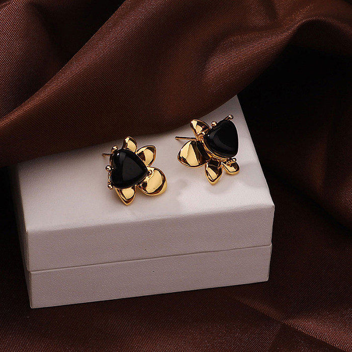 1 paire de clous d'oreilles plaqués or 18 carats, Style romain Vintage, incrustation en forme de cœur, cuivre, pierre naturelle