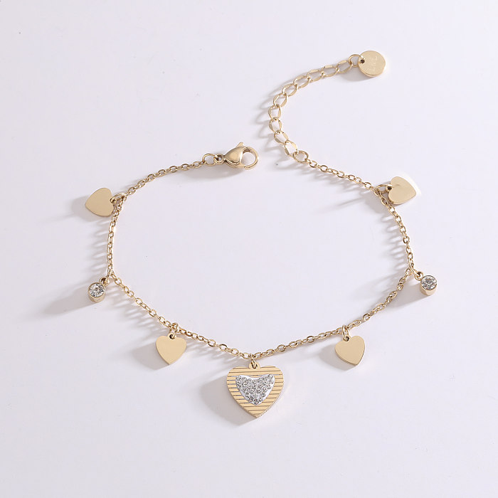 Simple Style Commute Heart Shape Titanium Steel Plating Inlay Zircon 18K Gold Plated Bracelets Necklace