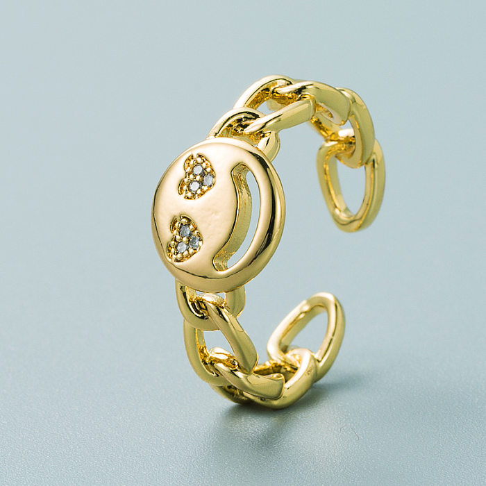 Anel de ouro real banhado a zircônia micro incrustada de latão da moda com abertura ajustável para rosto sorridente anel de hip hop