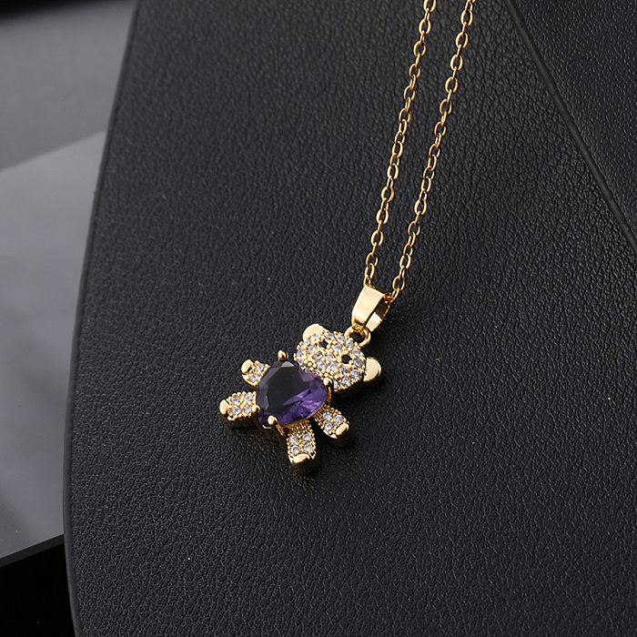 Cartoon Style Little Bear Copper Inlay Zircon Pendant Necklace