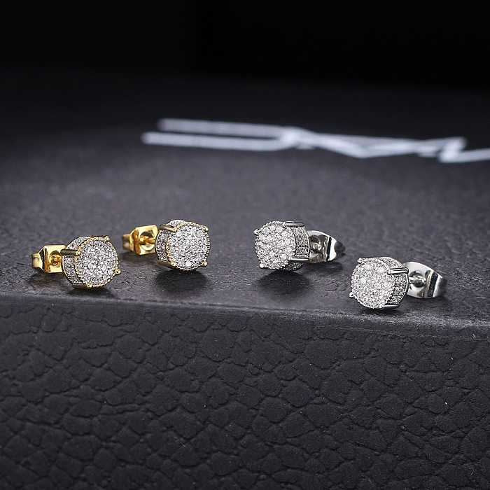 Hip-Hop Round Square Copper Inlay Zircon Ear Studs 1 Pair