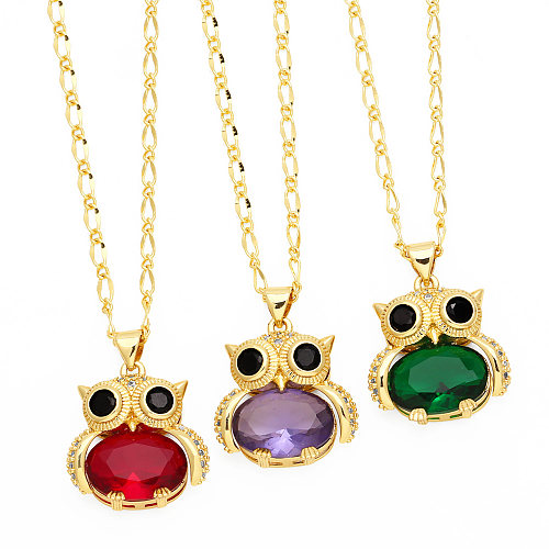 Cute Streetwear Owl Copper 18K Gold Plated Zircon Pendant Necklace In Bulk
