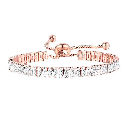 Elegante retângulo revestido de cobre incrustação de cristal artificial diamante artificial vidro rosa banhado a ouro pulseiras banhadas a prata