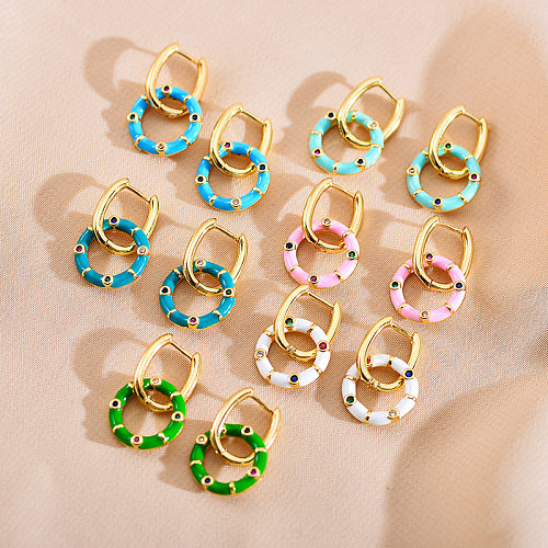 1 Pair Casual Modern Style Round Copper Enamel Plating Inlay Zircon Gold Plated Drop Earrings