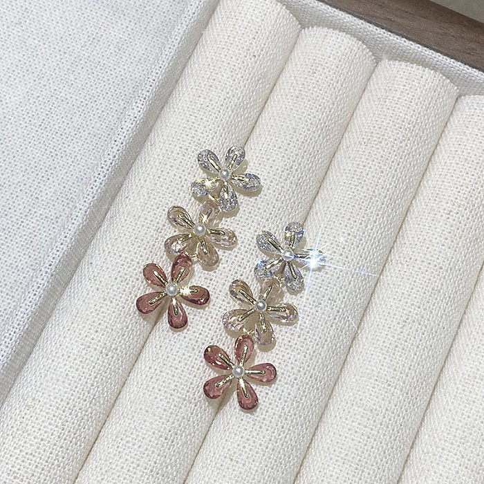 1 Pair Elegant Flower Plating Inlay Copper Zircon Drop Earrings