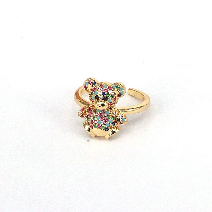 IG Style Cute Bear Copper Plating Inlay Zircon Gold Plated Open Rings
