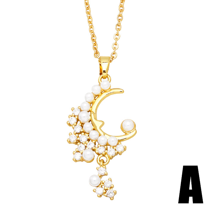Simple Style Moon Heart Shape Pineapple Copper Plating Artificial Pearls Zircon Pendant Necklace 1 Piece
