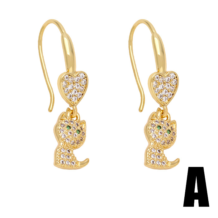 1 Pair Cute Sweet Simple Style Paw Print Heart Shape Cat Plating Inlay Copper Zircon 18K Gold Plated Drop Earrings