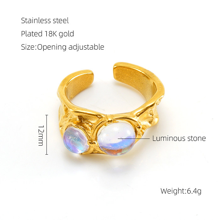 Elegant Retro Round Square Stainless Steel Plating Inlay Luminous Stone Rhinestones Zircon 18K Gold Plated Open Ring