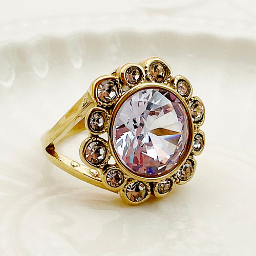 Glamouröse Vintage-Stil-Ringe mit runder Blume, Edelstahl-Beschichtung, Intarsien, Strasssteinen, Zirkon, vergoldet