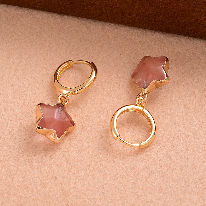 1 paire de boucles d'oreilles pendantes en pentagramme doux Style IG, incrustation de cuivre, pierre naturelle plaquée or 14K