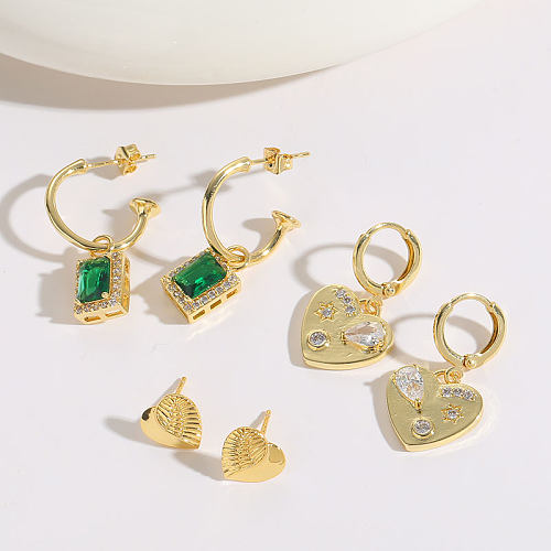 1 paire de boucles d'oreilles pendantes en forme de cœur, Style classique, incrustation de cuivre, Zircon plaqué or 14 carats