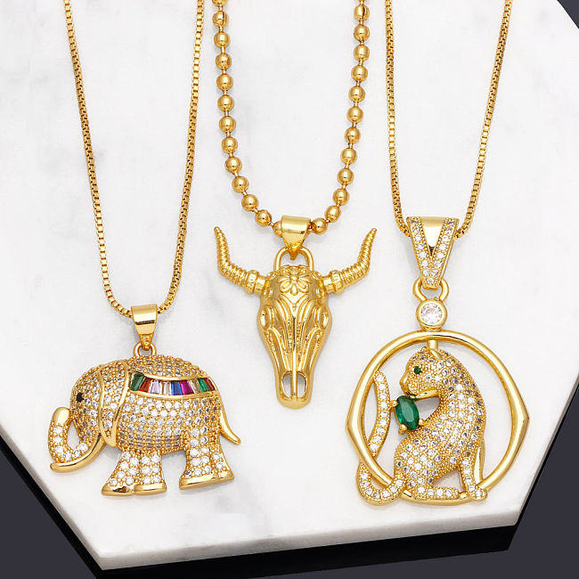 Retro-Tier-Elefant-Kupfer-Halsketten-Inlay-Zirkon-Kupfer-Halsketten
