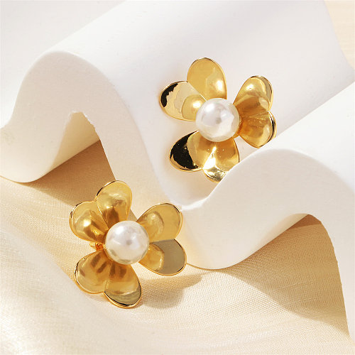 1 paire de clous d'oreilles plaqués or 18 carats, Style Simple, placage de fleurs, perles d'eau douce, cuivre