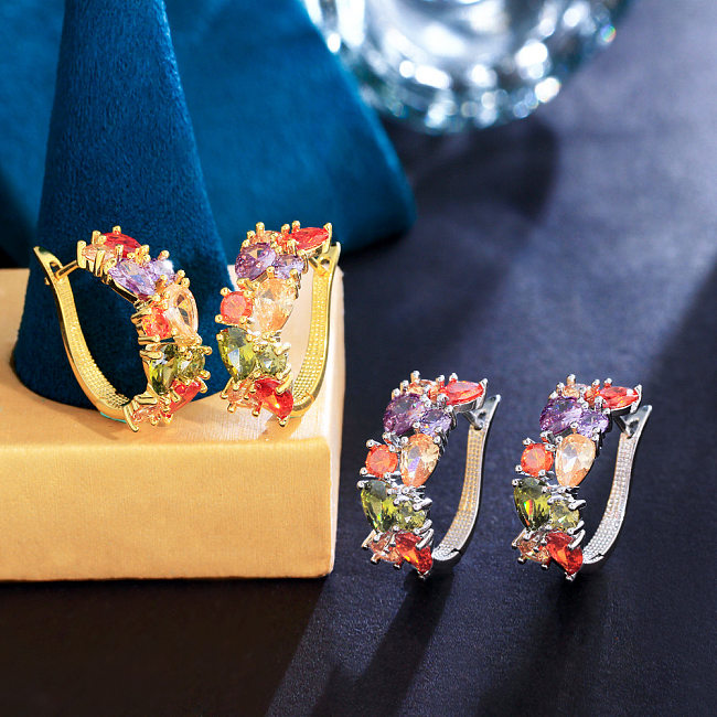 1 Pair Elegant Sweet Color Block Plating Inlay Copper Zircon Rhodium Plated Hoop Earrings