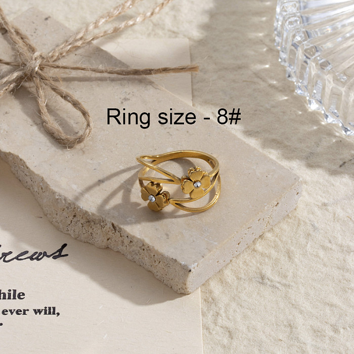 Basic Classic Style Heart Shape Flower Stainless Steel 18K Gold Plated Rhinestones Rings In Bulk