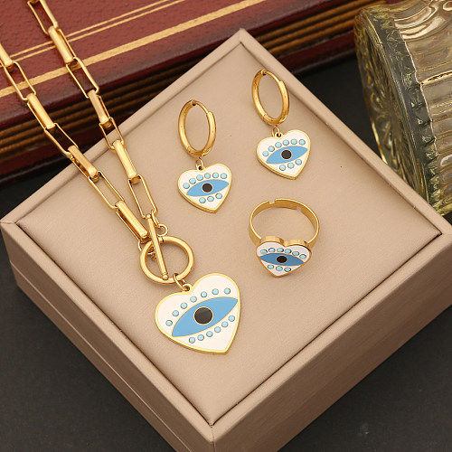 Bohemian Simple Style Heart Shape Stainless Steel Enamel Rings Earrings Necklace